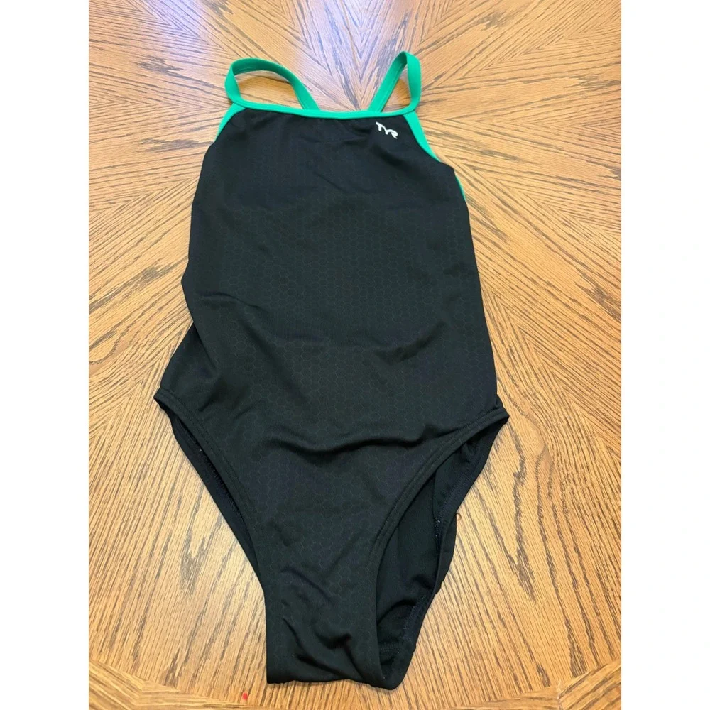 TYR Girls Competitive‎ One Piece Swimsuit Black Green Honeycomb Size 30 G14